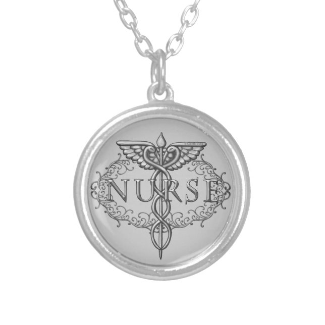 Oval silver caduceus nurse plated necklace (Front)