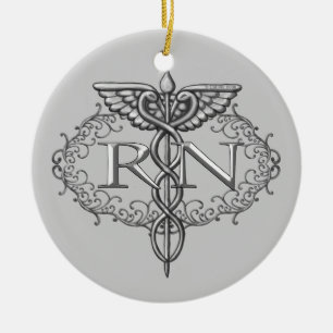 Oval Silver Caduceus RN Nurse Ceramic Ornament