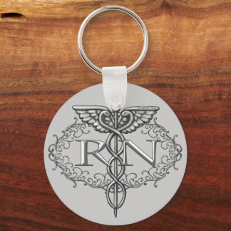 Oval Silver Caduceus RN Nurse Keychain