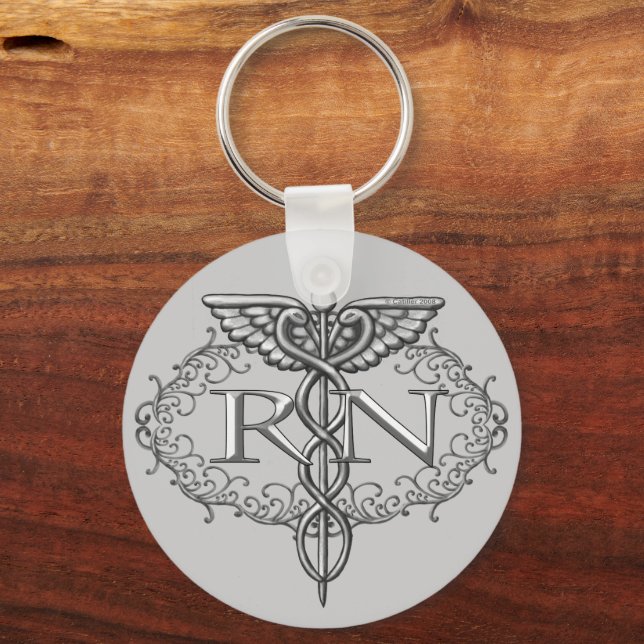 Oval Silver Caduceus RN Nurse Keychain (Front)
