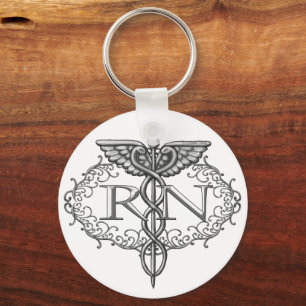 Oval Silver Caduceus RN Nurse Keychain