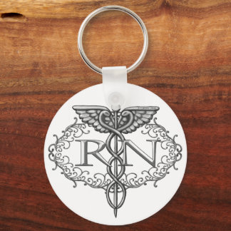 Oval Silver Caduceus RN Nurse Keychain