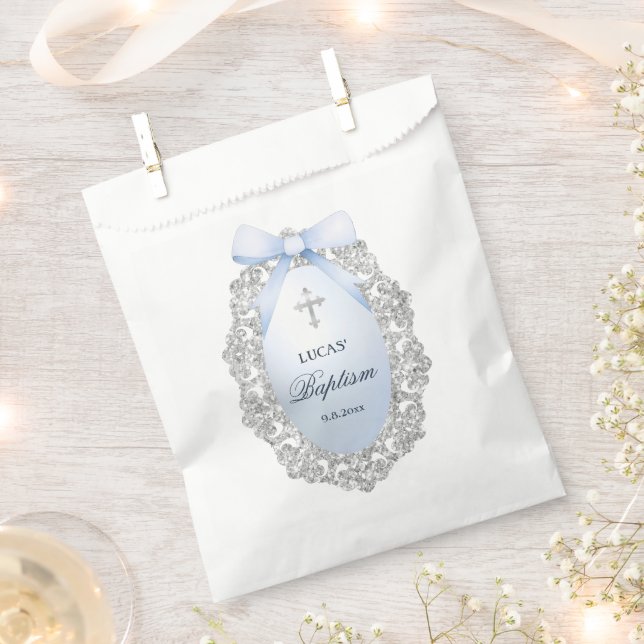 Oval Silver Glitter Frame Blue Bow Baptism Favor Bag (Clipped)