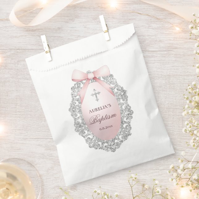 Oval Silver Glitter Frame Pink Bow Baptism Favor Bag (Clipped)