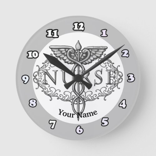 Oval Silver Nurse Caduceus custom name clock