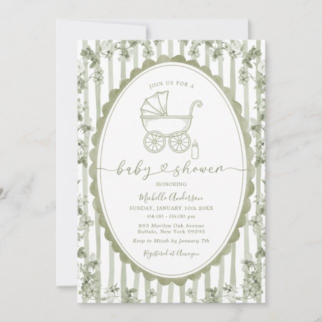 Oval Stripes Toile Floral Baby Shower Sage Green  Invitation (Front)