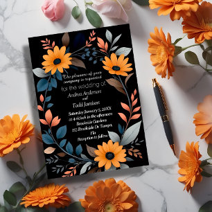 Oval sunflower wreath wedding invitation