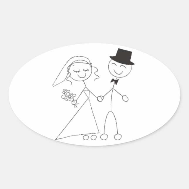 Oval Wedding Favor Seals Cute Bride & Groom (Front)