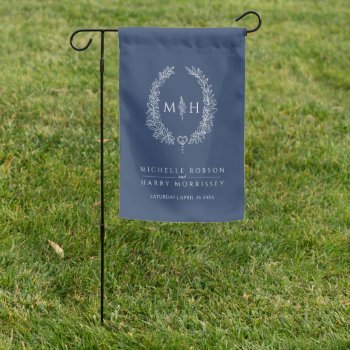 Oval Wreath Art Leaves Blue White Wedding Garden Flag by mylittleedenweddings at Zazzle