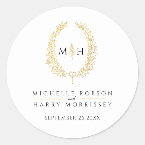 Oval wreath art leaves gold black monogram wedding classic round sticker