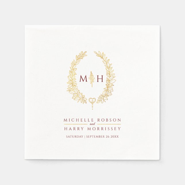 Oval wreath art leaves gold red monogram wedding  napkins (Front)
