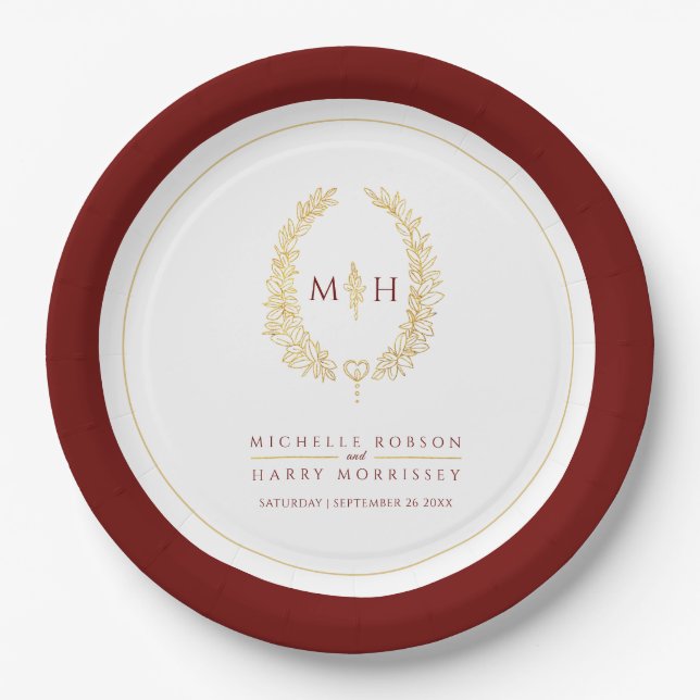 Oval wreath art leaves gold red monogram wedding paper plates (Front)
