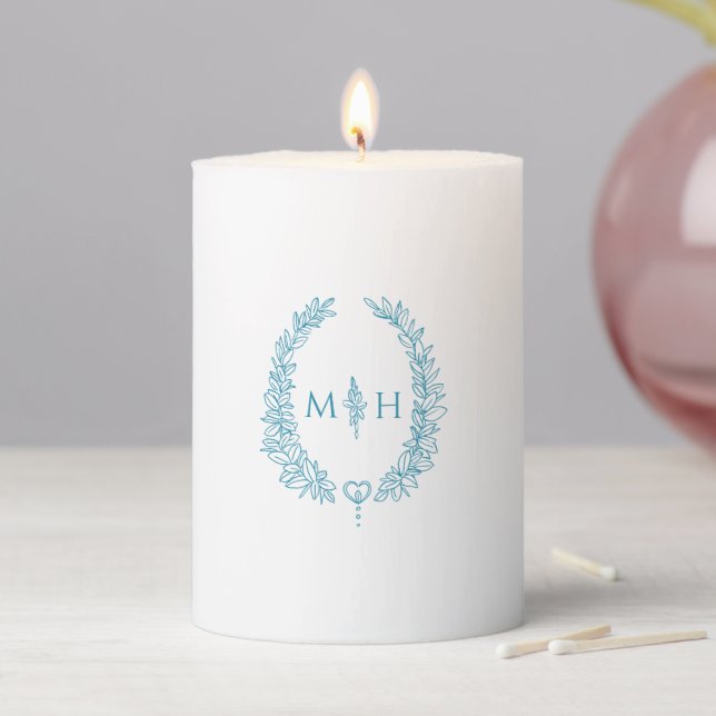 Oval wreath art leaves teal aqua white wedding  pillar candle (In Situ)