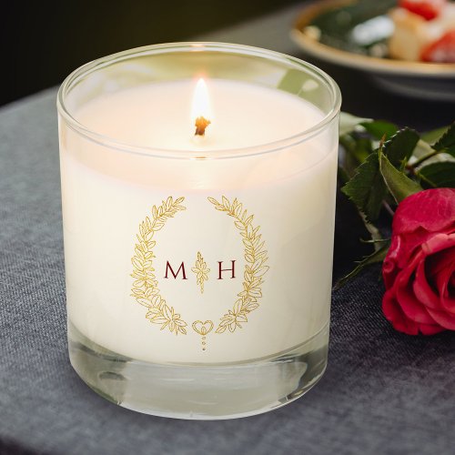 Oval wreath dark red gold monogrammed wedding scented candle
