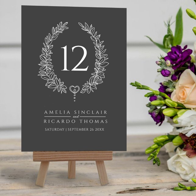 Oval wreath leaf charcoal gray white wedding table number (Creator Uploaded)