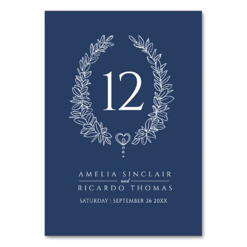 Oval wreath leaf dark blue and white wedding table number