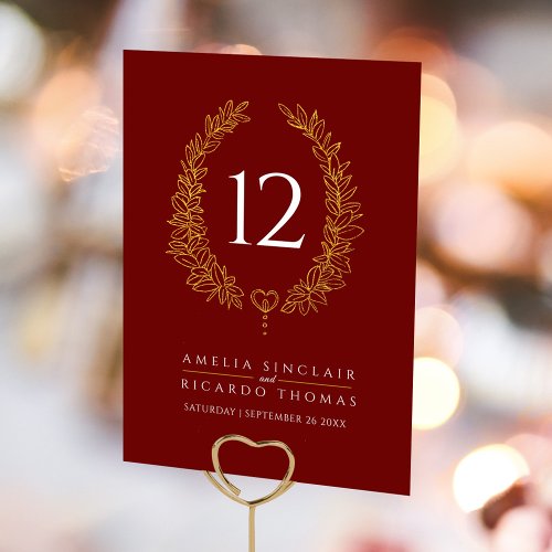 Oval wreath leaf gold white dark red wedding table number