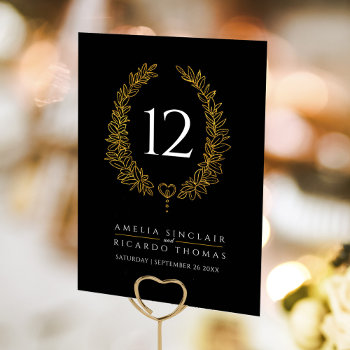Oval Wreath Leaf Gold White On Black Wedding Table Number by mylittleedenweddings at Zazzle