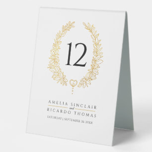 Oval wreath leaf gold white wedding table number tent
