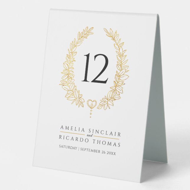 Oval wreath leaf gold white wedding table number tent (Front)