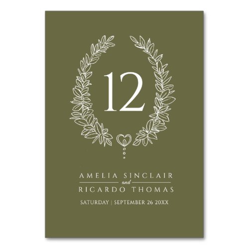 Oval wreath leaf olive green white wedding table number