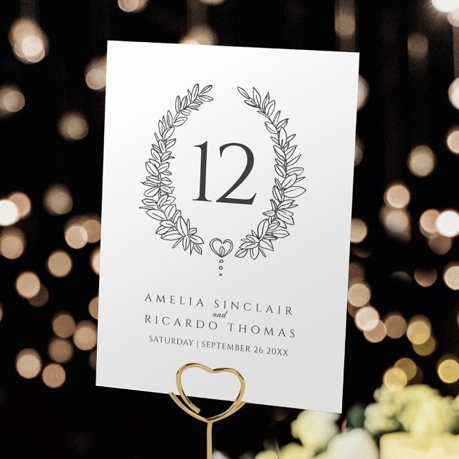 Oval wreath leaf white charcoal gray wedding table number (Creator Uploaded)