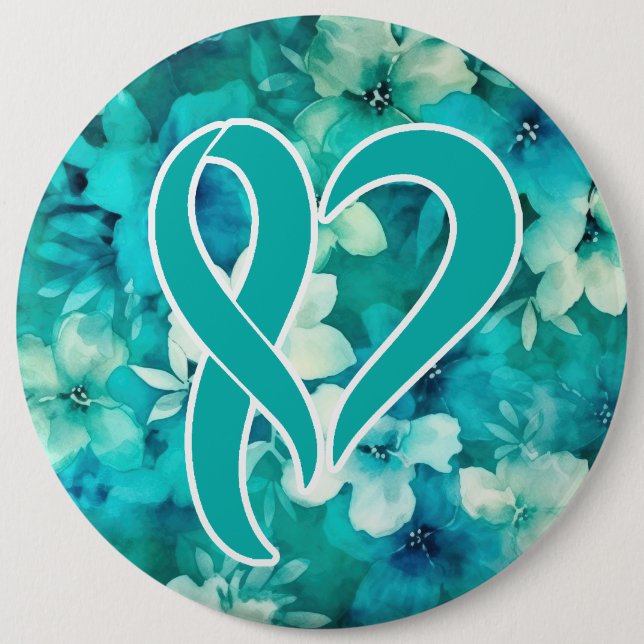 Ovarian Cancer Awareness Heart Shaped Ribbon Button (Front)