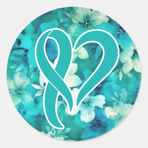Ovarian Cancer Awareness Heart Shaped Ribbon Classic Round Sticker