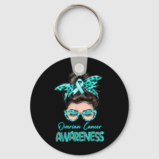 Ovarian Cancer Awareness Messy Bun Teal Ribbon  Keychain (Front)