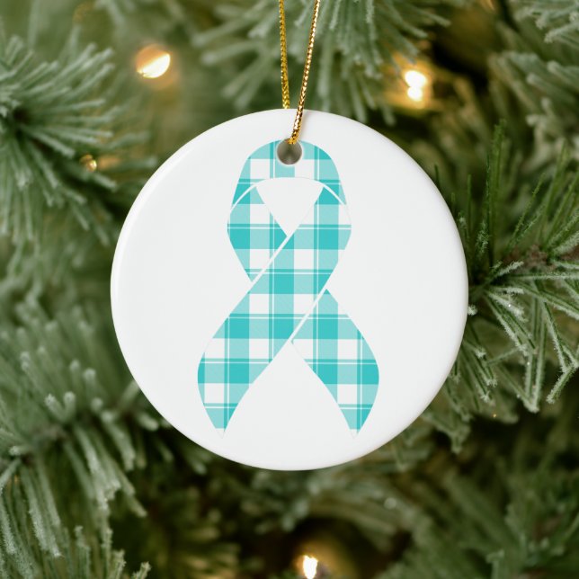 Ovarian Cancer Awareness Plaid Teal Ribbon Ceramic Ornament (Tree)