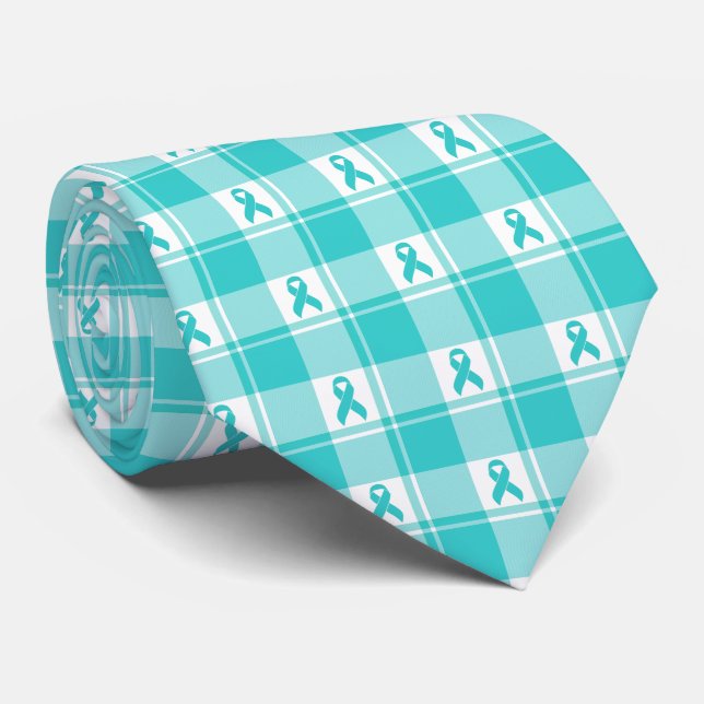 Ovarian Cancer Awareness Plaid Teal Ribbon Neck Tie (Rolled)