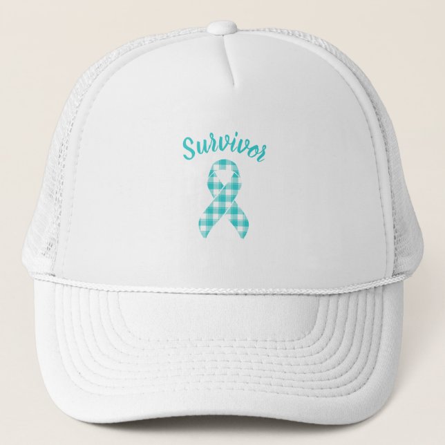 Ovarian Cancer Awareness Plaid Teal Survivor Trucker Hat (Front)