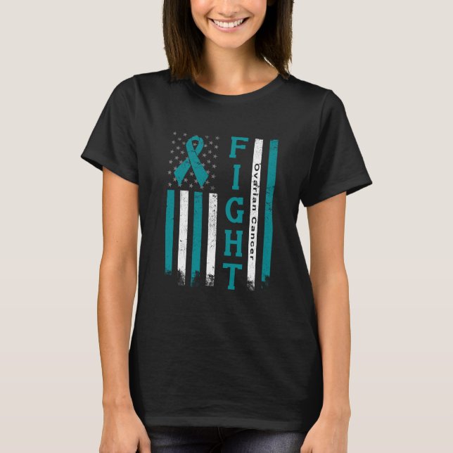 Ovarian Cancer Awareness Ribbon American Flag T-Shirt (Front)
