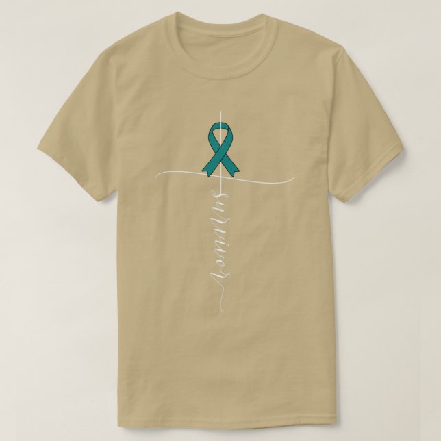 Ovarian Cancer Awareness Survivor Teal Ribbon Gift T-Shirt (Design Front)