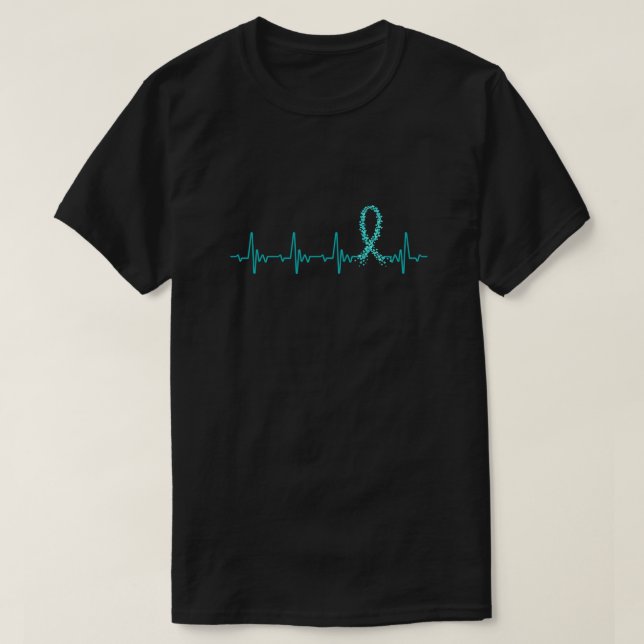 Ovarian Cancer Awareness Teal Ribbon Heartbeat T-Shirt (Design Front)