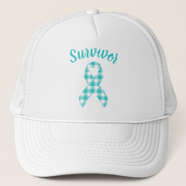 Ovarian Cancer Awareness Teal Ribbon Survivor Trucker Hat (Front)