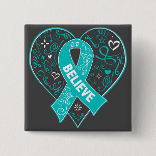 Ovarian Cancer Believe Ribbon Heart Pinback Button