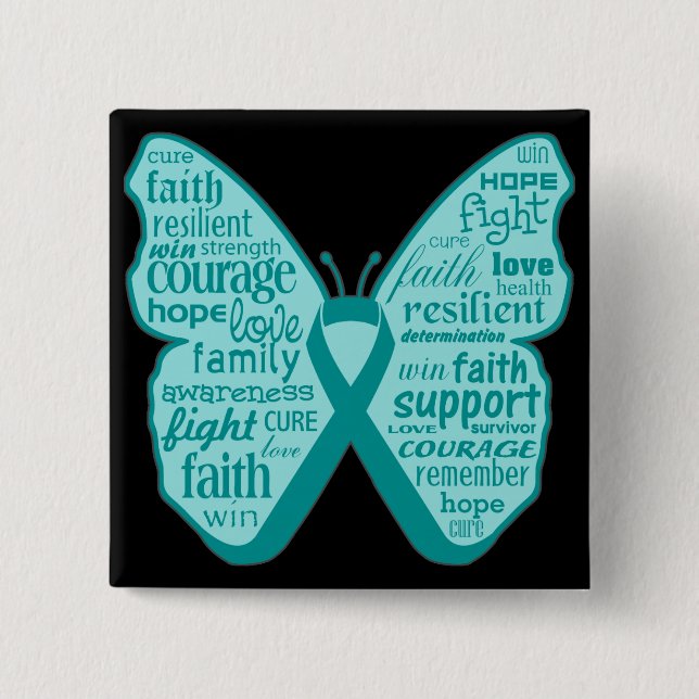 Ovarian Cancer Butterfly Collage of Words Button (Front)