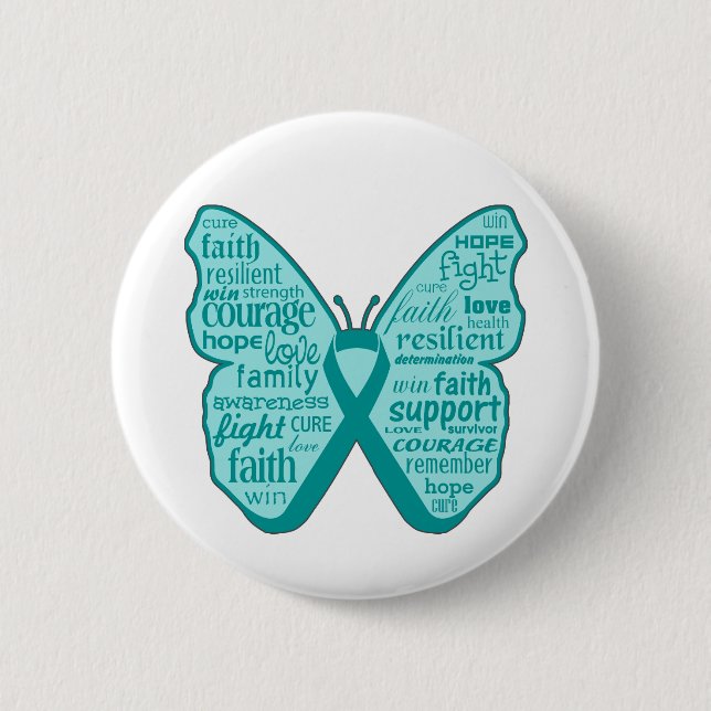Ovarian Cancer Butterfly Collage of Words Pinback Button (Front)