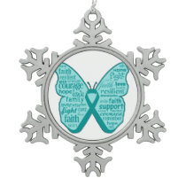 Ovarian Cancer Butterfly Collage of Words Snowflake Pewter Christmas Ornament