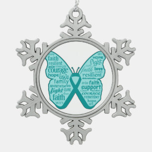 Ovarian Cancer Butterfly Collage of Words Snowflake Pewter Christmas Ornament