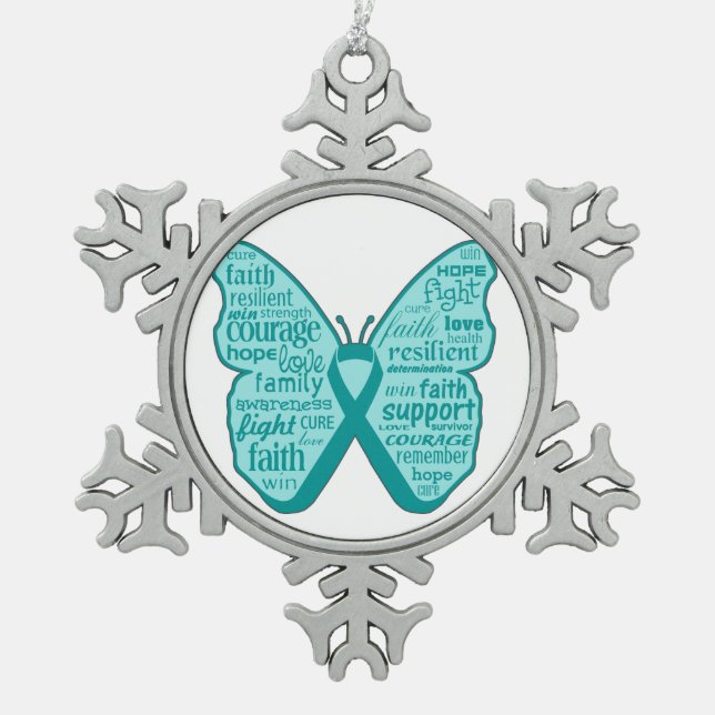 Ovarian Cancer Butterfly Collage of Words Snowflake Pewter Christmas Ornament (Front)