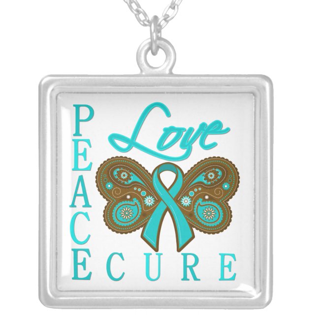 Ovarian Cancer Butterfly Peace Love Cure Silver Plated Necklace (Front)