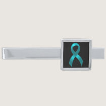 Ovarian Cancer | Cervical Cancer | Teal Ribbon Silver Finish Tie Clip