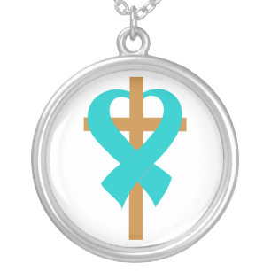 Ovarian Cancer Cross Heart Ribbon Silver Plated Necklace