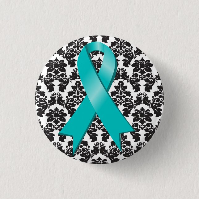 Ovarian Cancer Damask Teal Ribbon Button (Front)