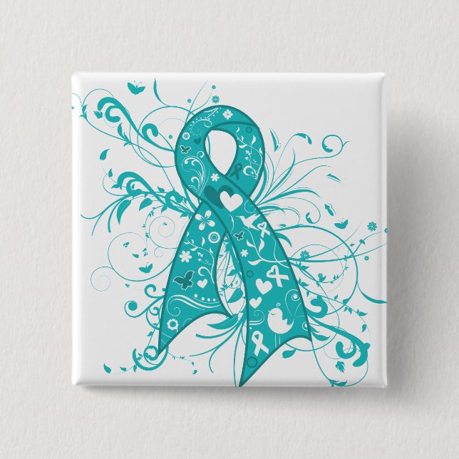 Ovarian Cancer Floral Swirls Ribbon Button (Front)