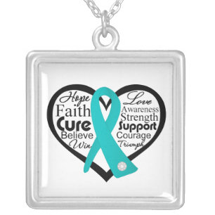 Ovarian Cancer Heart Ribbon Collage Silver Plated Necklace