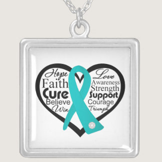 Ovarian Cancer Heart Ribbon Collage Silver Plated Necklace