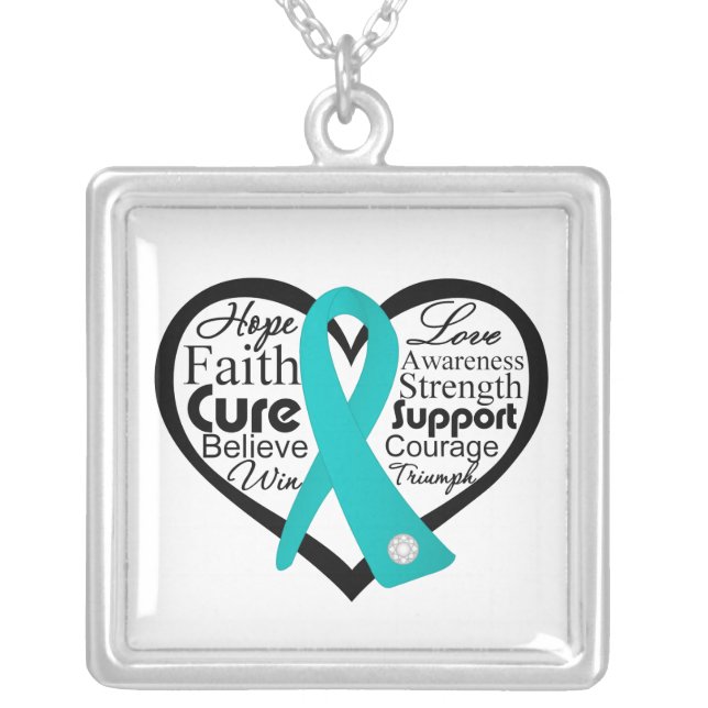 Ovarian Cancer Heart Ribbon Collage Silver Plated Necklace (Front)